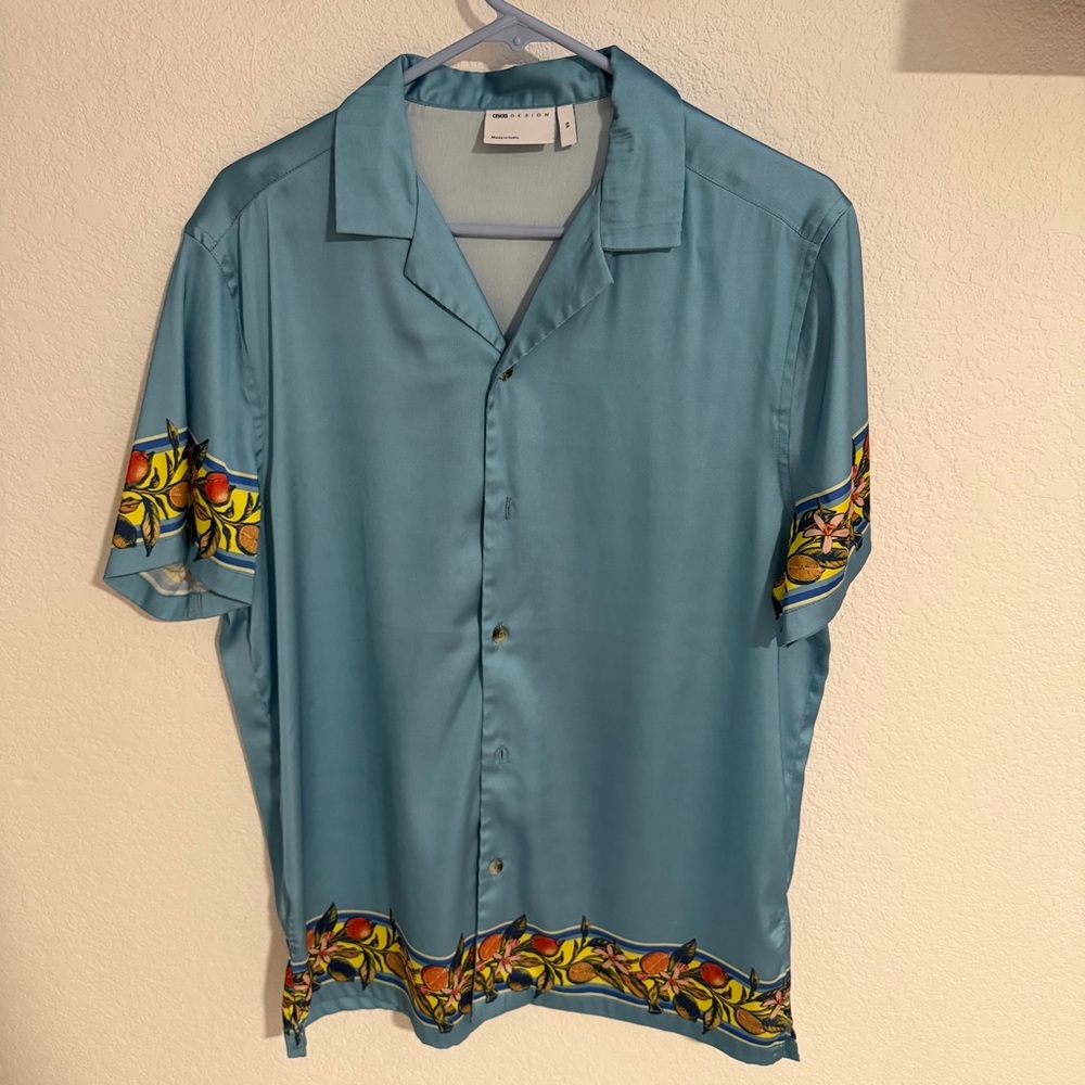 Men's Blue Satin Short Sleeve Shirt with Floral Accents